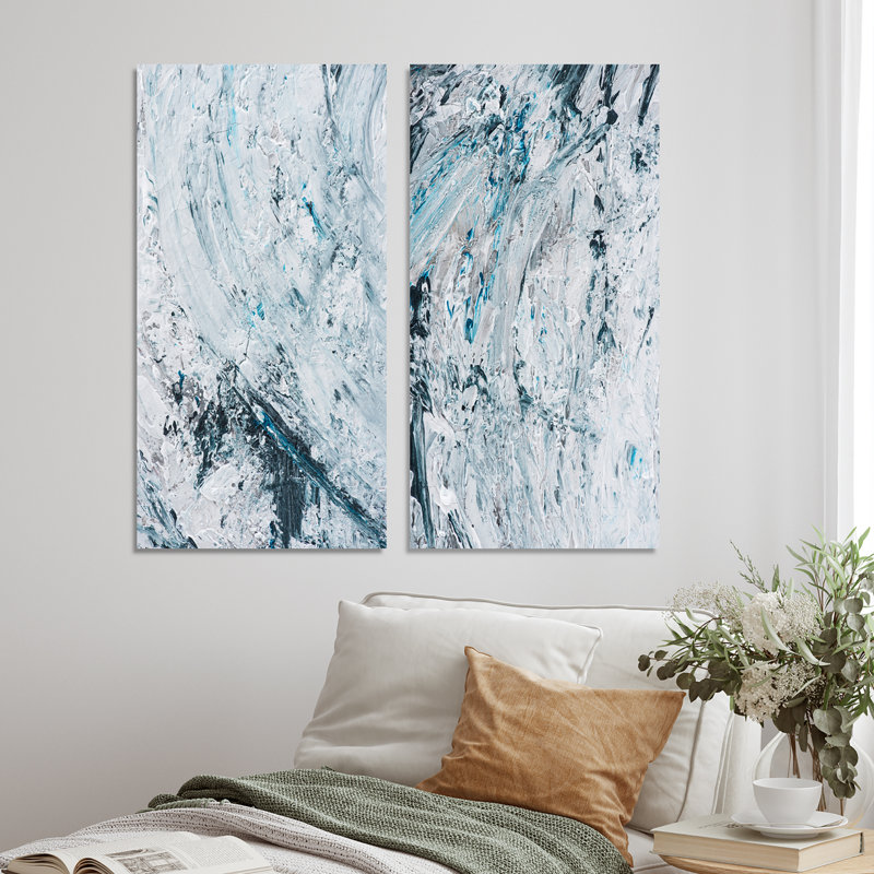 Ensemble de 2 reproductions d'art sur toile - Coups de peinture abstraits bleu clair, Toile tendue