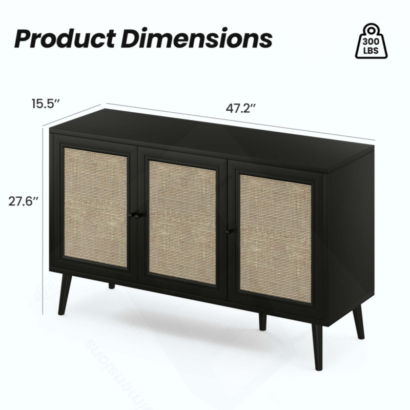 Buffet avec 3 portes en rotin, armoire de rangement moderne pour le salon de l'entrée, Noir