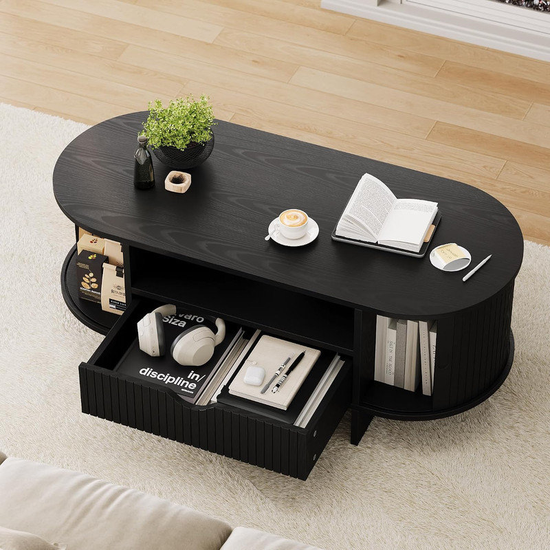 Table basse ovale 47,2 "avec tiroir à double face et armoire coulissante, centre de rangement cannelé de style Mid-Century moderne pour le salon