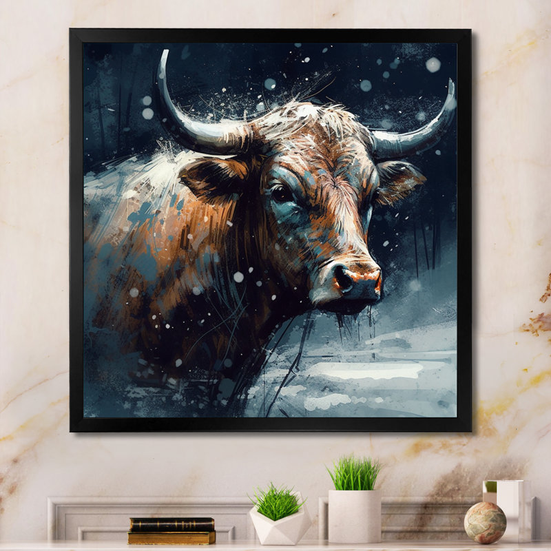 Vache dans la neige II - impression, Cadre photo noir, H 16 po x l 16 po x P 1 po
