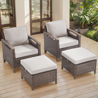 Arundel Outdoor Courtyard Wicker Lounge Chairs With Ottomans (Set Of 2)