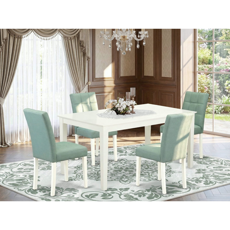 5-Piece Linen White Finish Solid Wood Top - Rectangular Dining Room Set - Seats 4, Green, White
