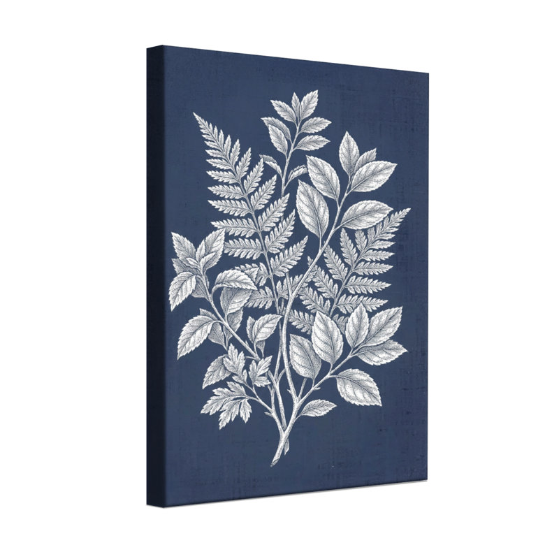 Plantes et fleurs, feuilles d'argent sur fond bleu marine, H 36 po x l 24 po