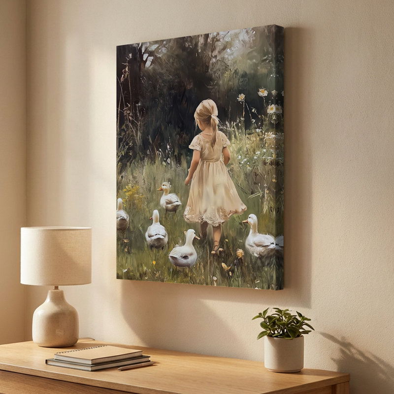 «Young Girl Walking with Ducks», peinture impressionniste sur toile tendue - H 36 po x l 24 po