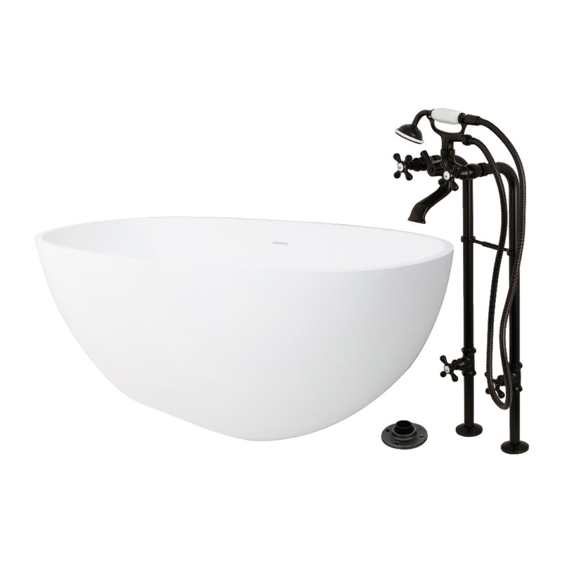 Kingston Arcticstone 65-Inch Solid Surface Oval Double Ended Freestanding Tub With Faucet Combo And Drain, Oil Rubbed Bronze