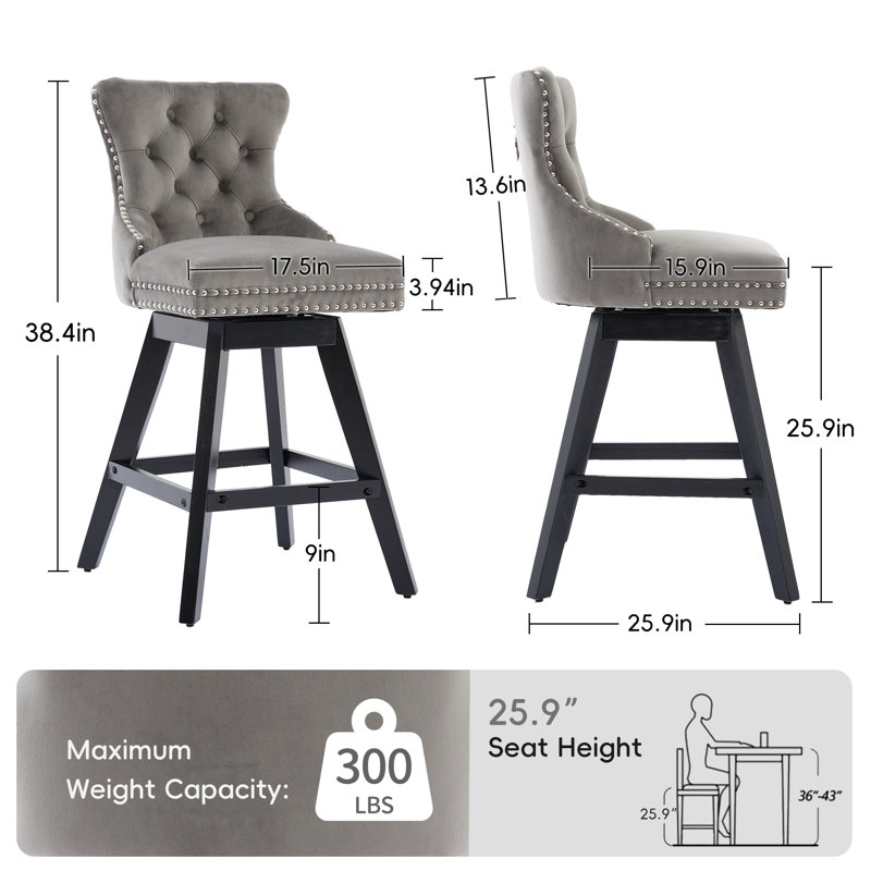 Ensemble de 4 tabourets de bar en bois touffeté et pivotant en velours, Gris