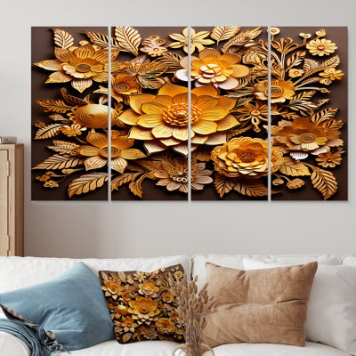 Fleur de lotus ornementale orange et dorée - art mural floral moderne 4 pièces