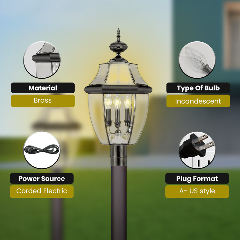 Tête de poteau d'extérieur 3 lumières Livex Lighting Monterey - Finition laiton noir avec verre biseauté transparent