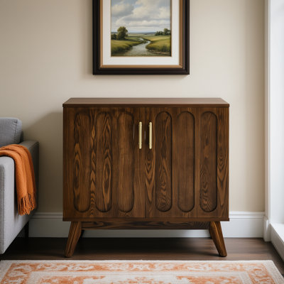 Buffet Cabinet With Storage, Mid Century Modern Fluted Sideboard Cabinet With Adjustable Shelves & Solid Wood Legs, Walnut Storage Cabinet by George Oliver