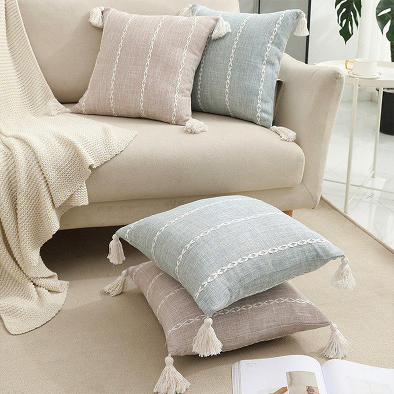 Set Of 2 18X18 Blue-Green Boho Farmhouse Decorative Throw Pillow Cover – Modern Textured Cushion Case With Tassels For Couch, Sofa, And Bed