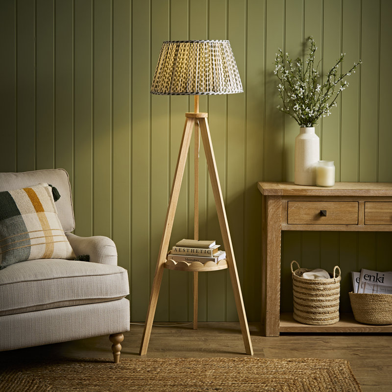 Teece Floor Lamp, Without Bulb, Green Floral, Mid Wood