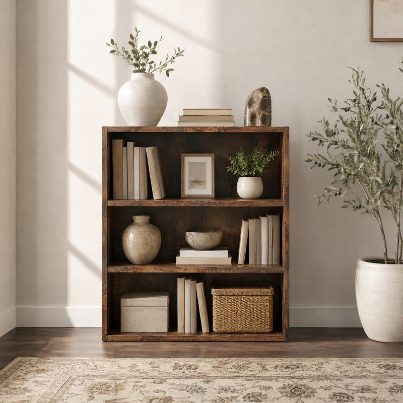 Adjustable Wooden Standard 3-Tier Bookcase, Rustic Brown, (3 Shelves) 32"H x 23.8"W x 9.2"D