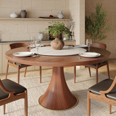 Turntable Round Solid Wood Dining Table With Lazy Susan For 6-8 People