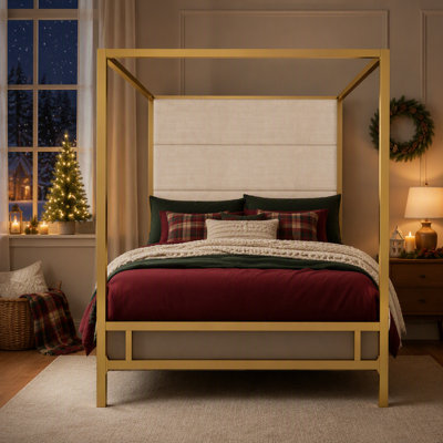 Lit à baldaquin doré moderne avec tête de lit tapissier en lin, structure en métal durable et design élégant pour les chambres luxueuses