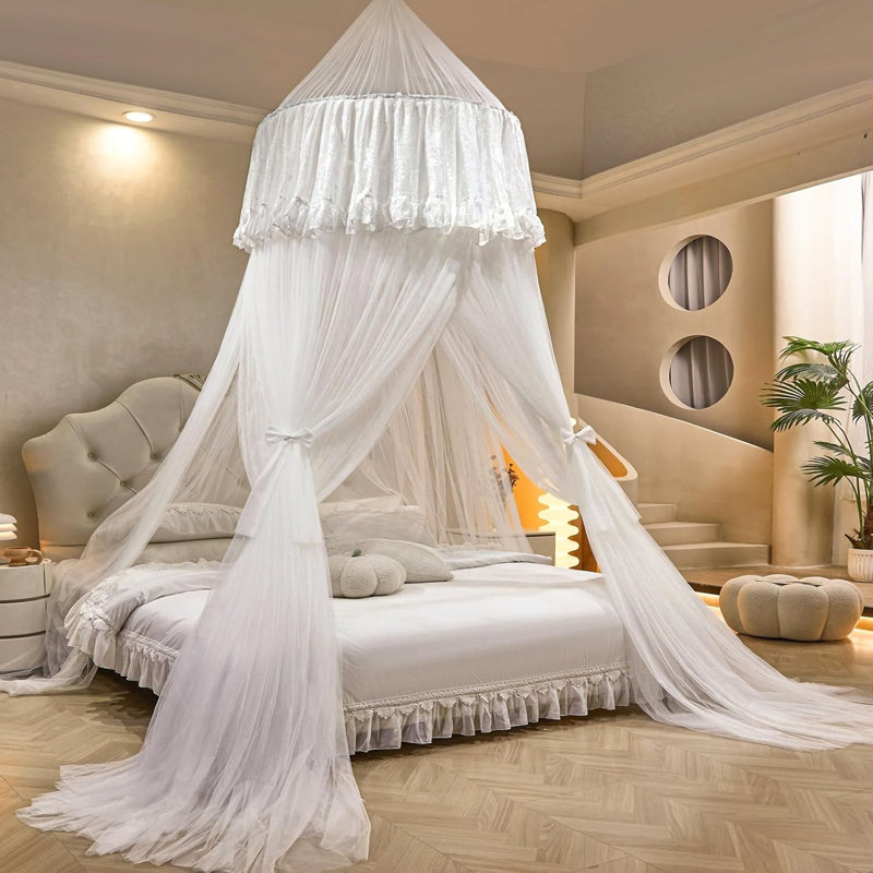 Bed Canopy  – Double Layer Sheer Mesh Dome With Romantic Lace Trim, Dreamy Mosquito Net Tent For Full/Queen
