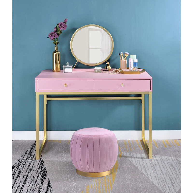 Bureau de coiffeuse 2 tiroirs avec miroir et plateau à bijoux, rose et or