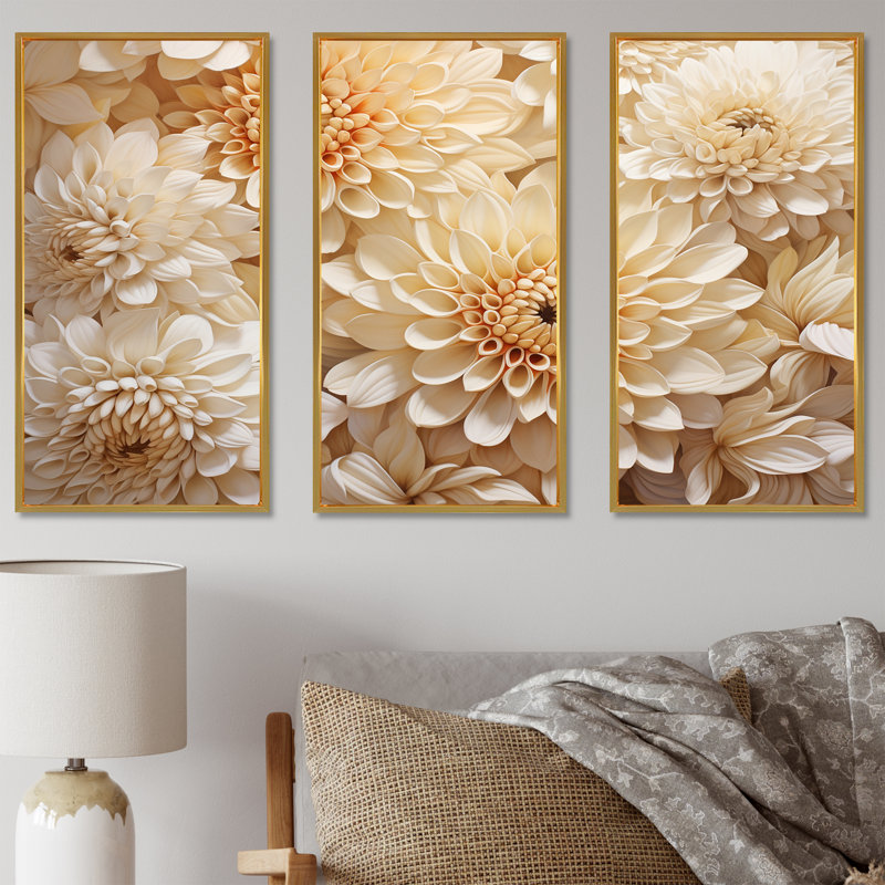 «Pure White Chrysanthemums Magic I - Chrysanthemums», ensemble d'art mural, Cadre flottant doré, H 40 po x l 60 po x P 1 po