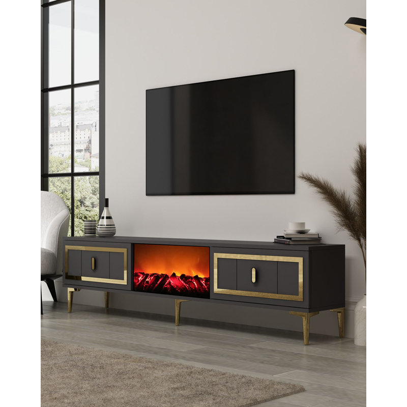 Modern TV Stand, Anthracite & Gold, 59.1 x 17.6 x 11.6 inches | 100% Melamine Coated Particle Board, Thickness: 0.7 inches | Wall-Mountable, Stylish Design for Living Room, Elegant & Functional Furniture