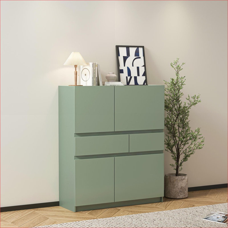 Armoires: Armoire de rangement traditionnelle en panneau de particules vert sauge avec 4 portes et 2 tiroirs | Salon | Traditionnel