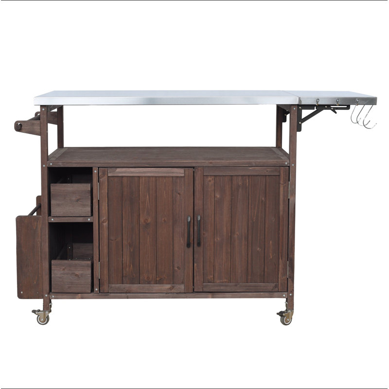 54.33" Farmhouse Rolling Outdoor Kitchen Cart, Solid Wood Frame with Stainless Steel Top, Spice Rack, Towel Rack, Lockable Wheels & Multi-Functional Storage for Patio, Backyard BBQ & Kitchen