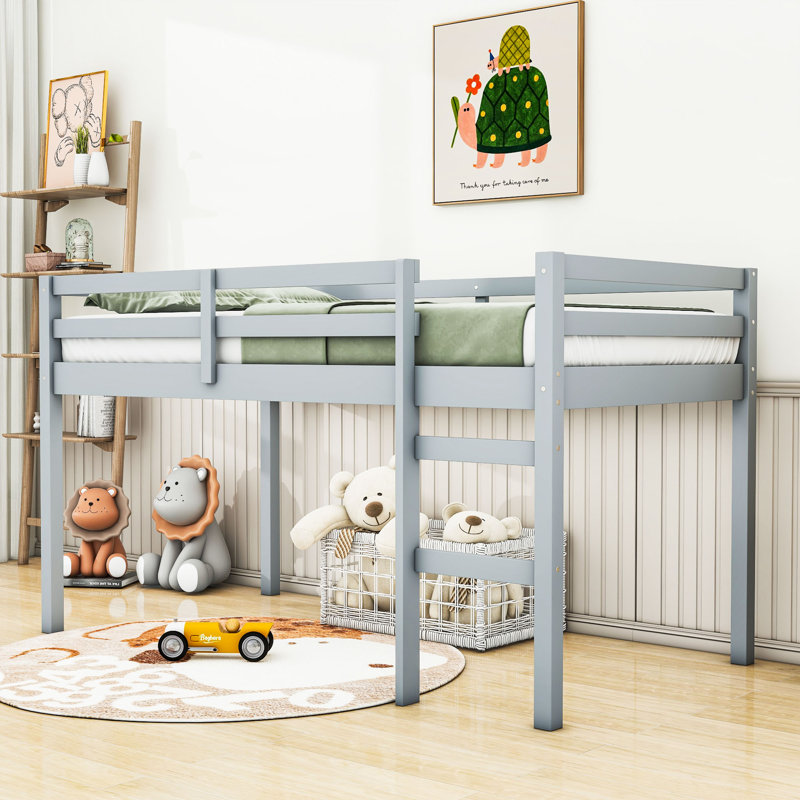 Twin Wood Low Loft Bed With Ladder, Gray