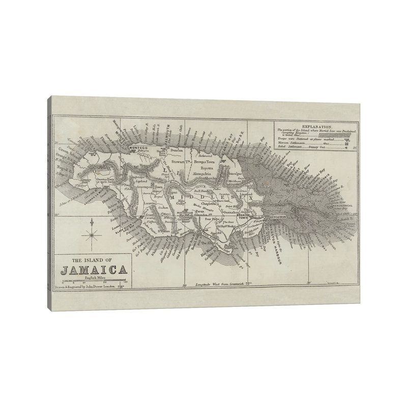Map Of The Island Of Jamaica by John Dower - Wrapped Canvas Painting, 20.32 cm H x 30.48 cm W