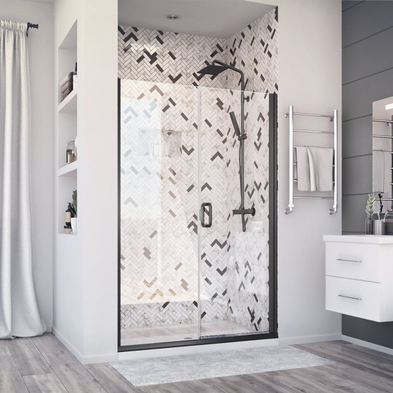 Deluxe 53 in. W x 71.375 in. H Hinged Semi-Frameless Shower Door and Inline Panel in Matte Black with Clear Glass