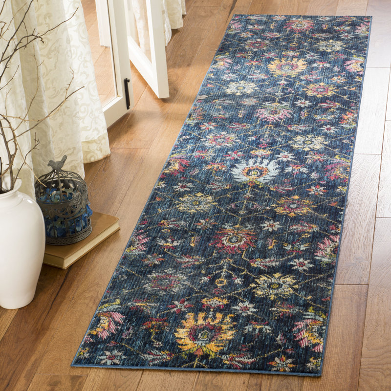 Tapis bleu / brun en polypropylène / coton / polyester tissé à la machine Tabinowski, Tapis de couloir 2 pi x 8 pi