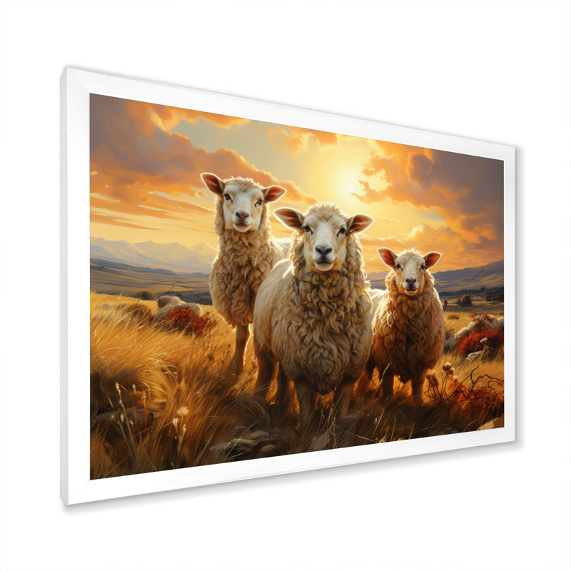 " Sheep Golden Flock ", White Single Picture Framed, 34" H x 44" W x 1.5" D
