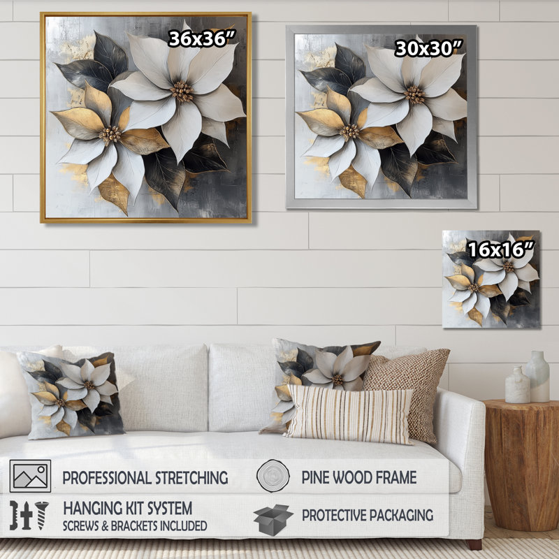 Crème et poinsettias dorés forme pure - art mural poinsettias, Impression encadrée flottante, Noir, noir, noir, noir