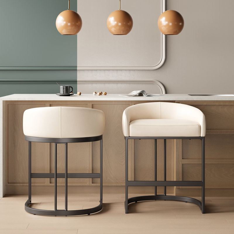 Tabouret de comptoir rembourré en cuir de polyuréthane avec structure en métal, Beige