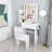 Avelora 31.5" Modern Vanity Desk with LED Lighting & Power Socket | 4 Drawers & Multiple Open Shelves, Hair Dryer Holder, Dressing Chair Included | Adjustable Brightness, 3 Color Modes-1412601658
