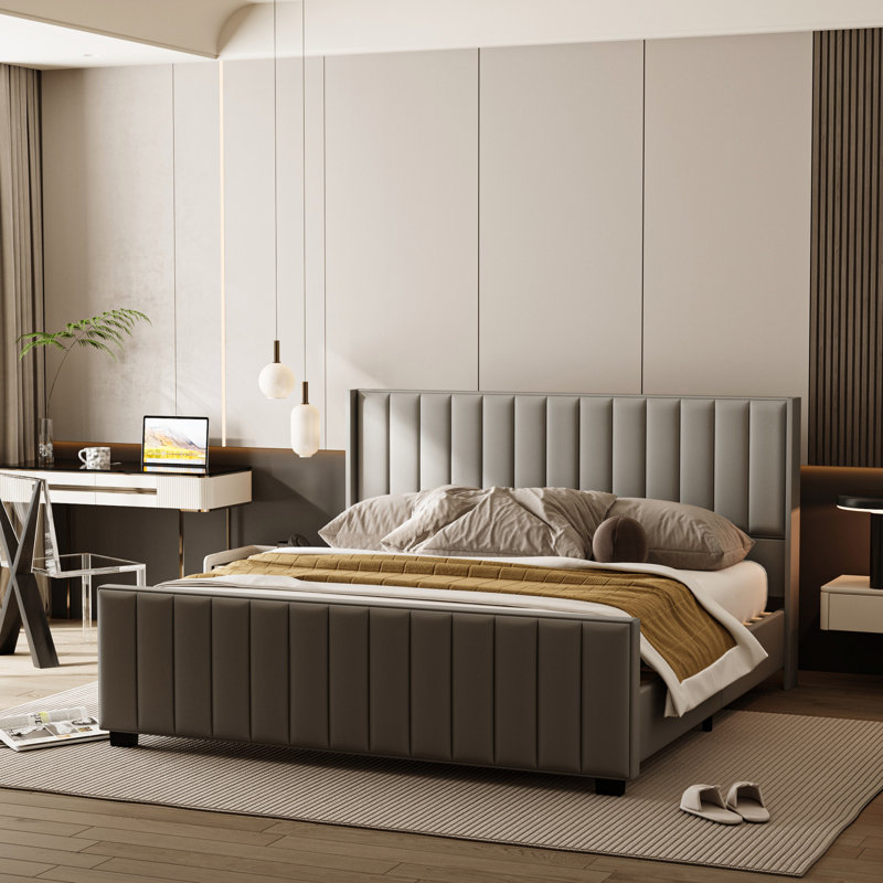 Modern King Size Light Gray Upholstered Platform Bed With Steel Frame
