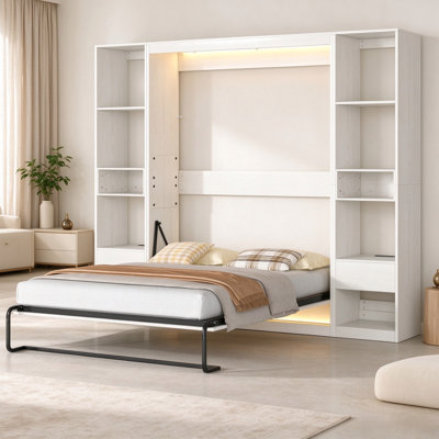 Farmhouse Murphy Wall Bed Cabinet with RGB LED Lights,Full,White