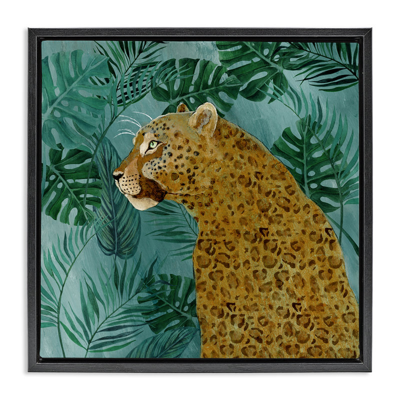 «Monstera & Palms Cheetah Floater», art mural sur toile par Janet Tava, H 18 po x l 18 po, Cadre flottant noir de jais