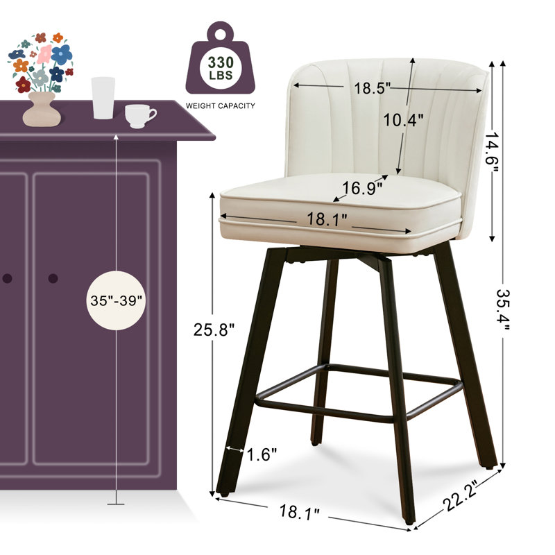Tabourets de bar pivotants de 26 po à hauteur de comptoir avec dossier, tabourets d'îlot de cuisine avec dossier en coquille capitonné, siège rembourré et pieds en métal avec repose-pieds