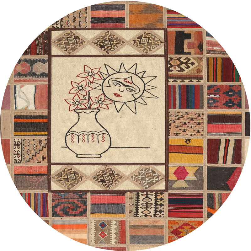 Tapis contemporain rouge / beige / vert Altesa, Rond 6 pi