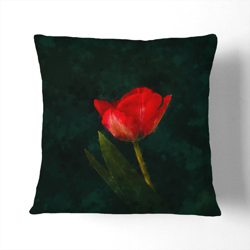Lone Tulip Painting Cushion with Filling, Black, 40cm H x 40cm W x 15cm D