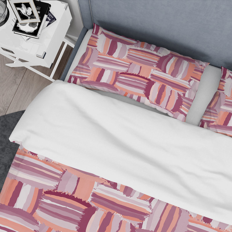Corail et rose grunge rayé - ensemble de housse de couette abstraite - polyester microfibre