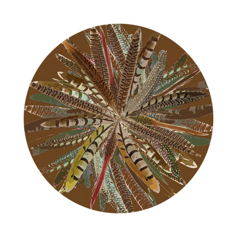 Pheasant Feathers Yellow Vegan Leather Round Coasters, Brown