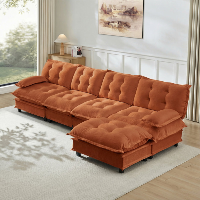 Canapé en forme de L de 138,5 po avec repose-pieds, pour salon, chambre à coucher et appartement, Chenille orange