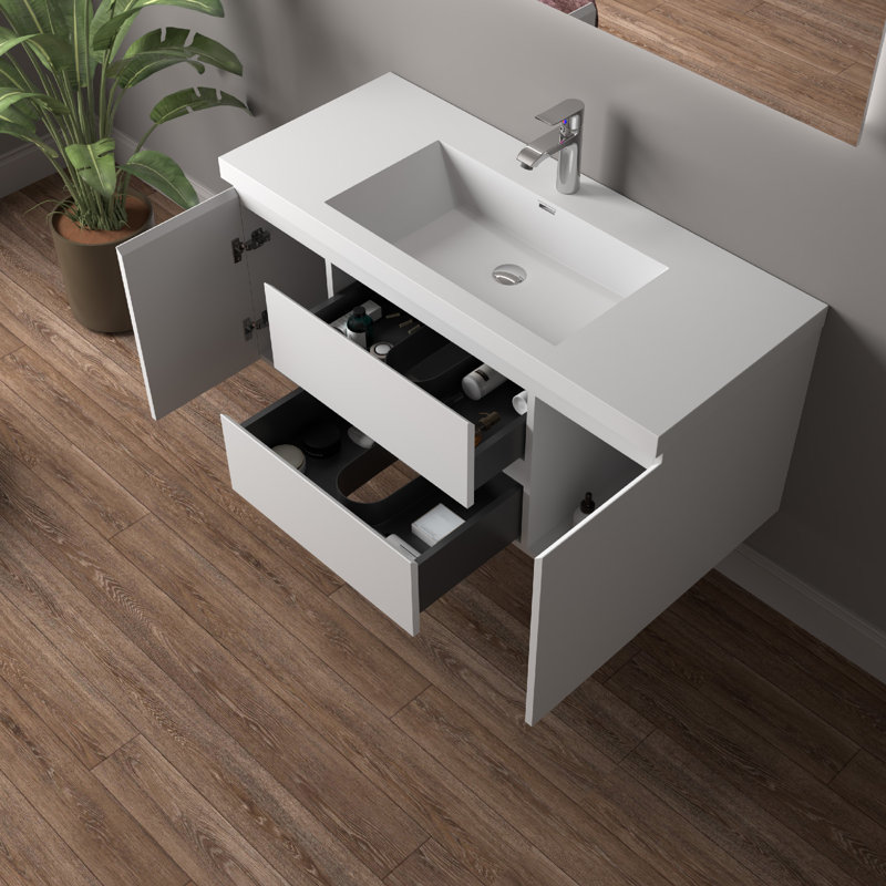 Meuble-lavabo mural simple de 48 po avec comptoir en pierre blanc brillant, 2 tiroirs et 2 portes