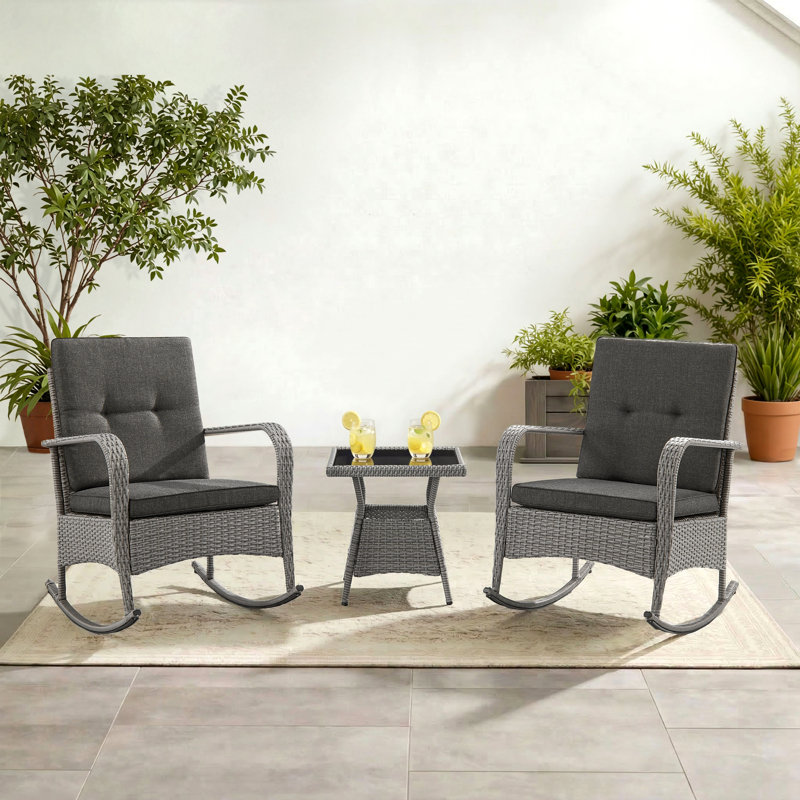 Baecher 2-Person Wicker Rocking Outdoor Seating Group with Glass-Top Side Table, Black