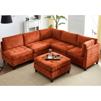 6-Piece Chenille Sleeper Sectional Corner Couch Modular Sofa Bed with Storage Ottoman
