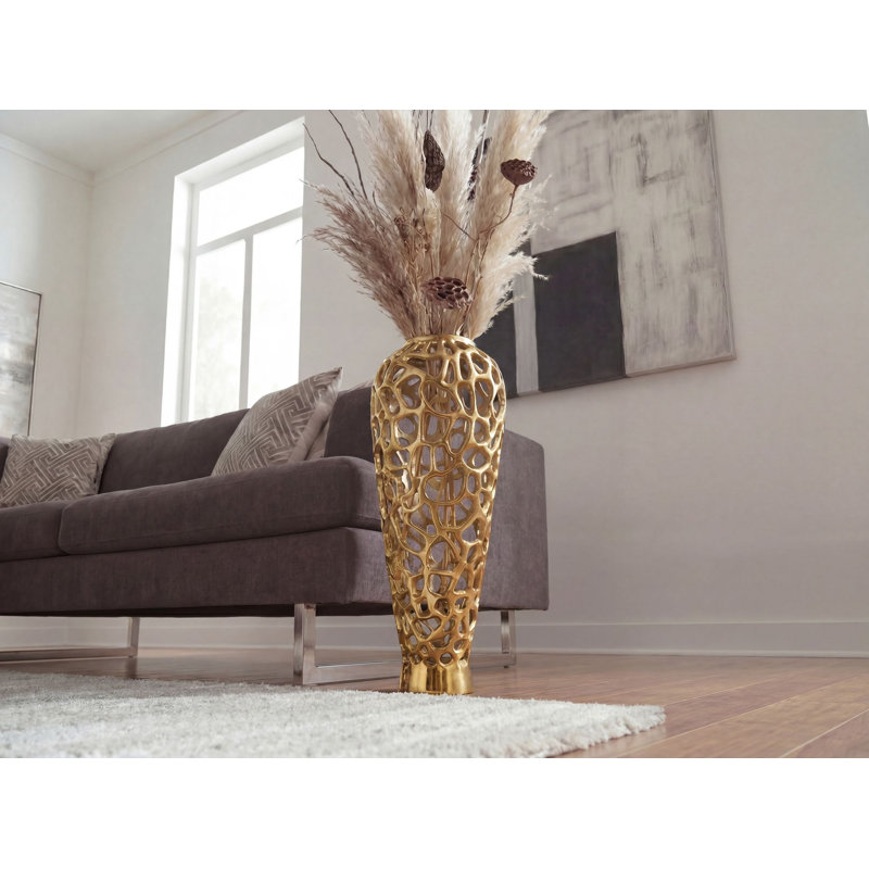 Tall Silver Aluminium Floor Vase, 60cm H x 24cm W x 24cm D, Gold