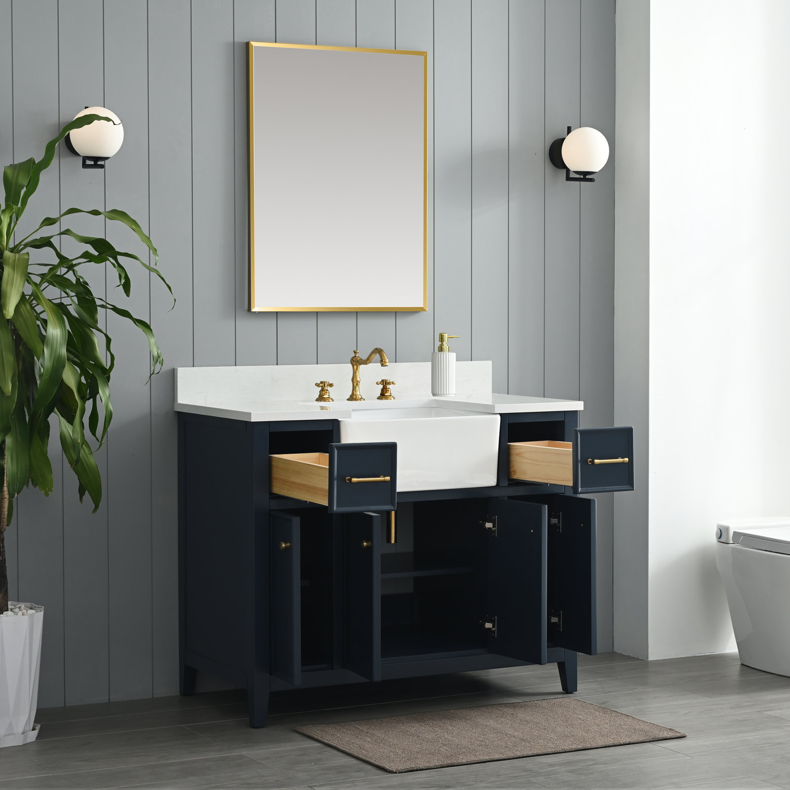 Aisa 42" Pine Single Bathroom Vanity, Indigo Blue/Brushed Gold