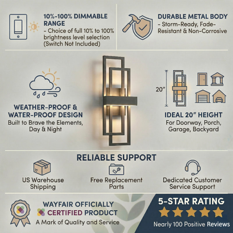 Gursimar 20''H LED Dimmable Black Iron Flush Mounted Sconce, Matte Black, 20" H x 7.9" W x 5.1" D
