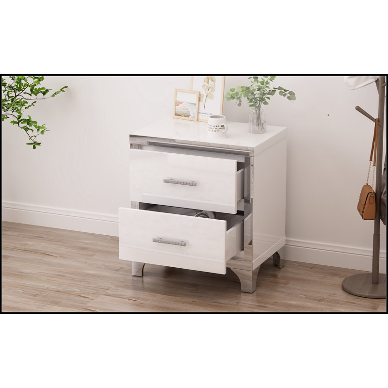 Table de chevet élégante avec poignée en métal et table de chevet à miroir avec 2 tiroirs pour la chambre à coucher et le salon