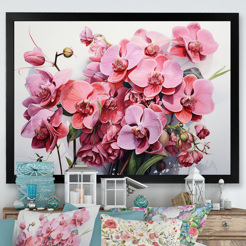 «Pink Orchids Minimalisme Dream», reproduction sur toile, H 24 po x l 32 po x P 1 po, Cadre photo noir simple