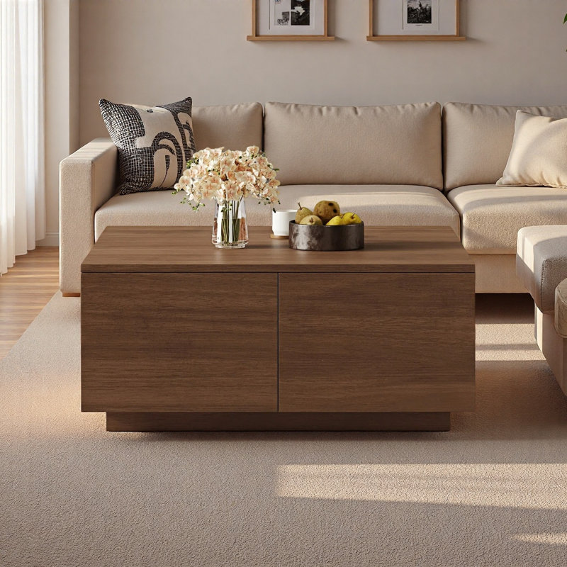 Table basse moderne carrée avec 4 tiroirs, Walnut